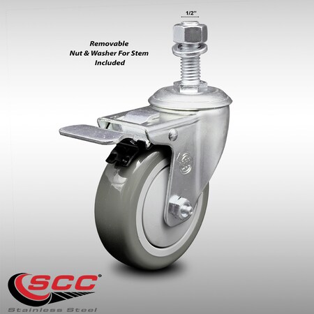 Service Caster 4 Inch SS Gray Polyurethane 1/2 Inch Threaded Stem Caster with Total Lock Brake SCC-SSTSTTL20S414-PPUB-121315
